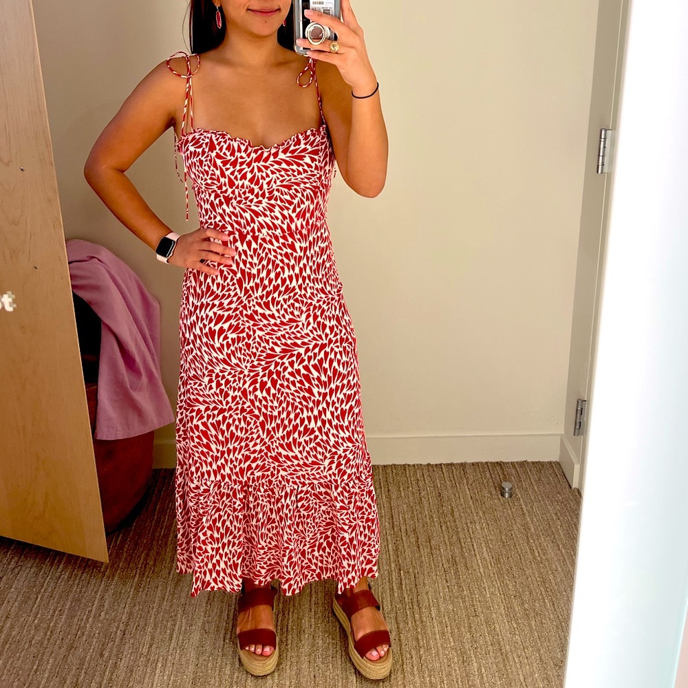Reformation tie midi dress with red hearts pattern